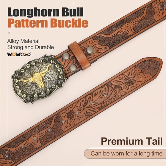 Women Men Western Belts Cowboy Cowgirl Country Belt Longhorn Bull Buckle - Picture 6 of 6